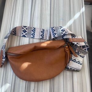 Trendy Brown Leather Belt Bag with Patterned Strap